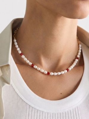 18K Gold-Plated Freshwater Pearl Choker Necklace with Red Heart Accents