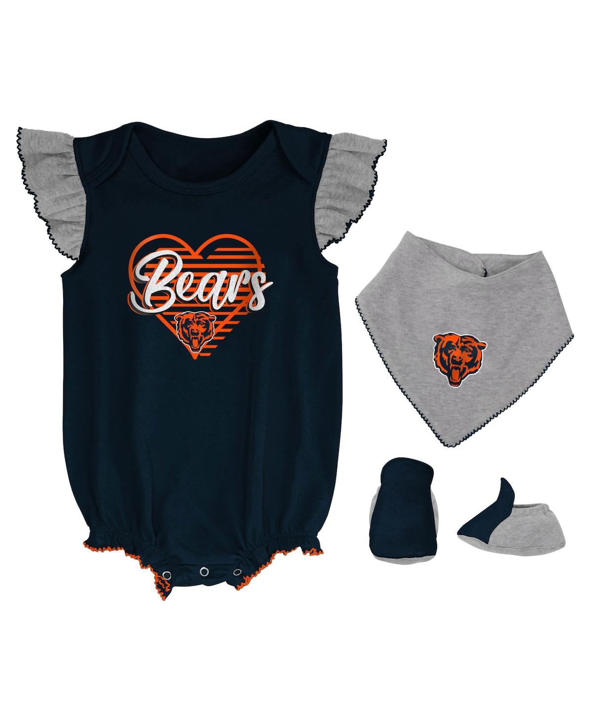 Shop Outerstuff Girls Newborn And Infant Navy, Heathered Gray Chicago Bears All The Love Bodysuit Bib And Booties Se In Navy,heathered Gray