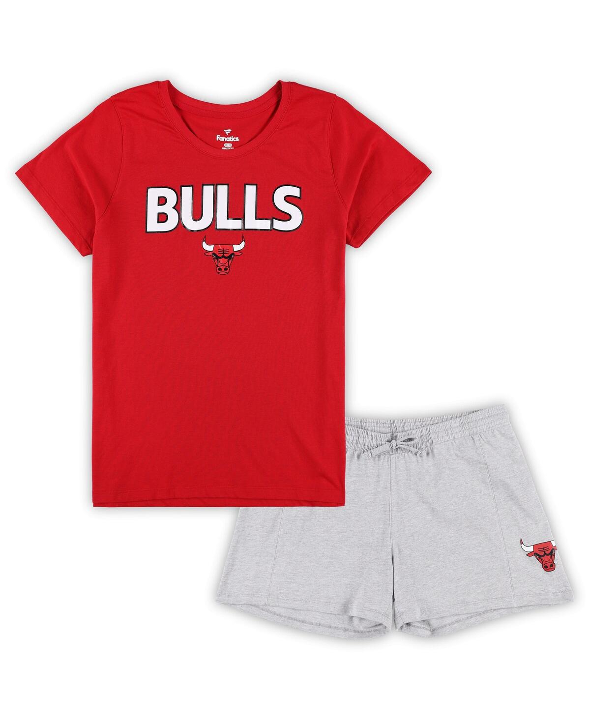 Shop Fanatics Women's  Red, Heather Gray Chicago Bulls Plus Size T-shirt And Shorts Combo Set In Red,heather Gray