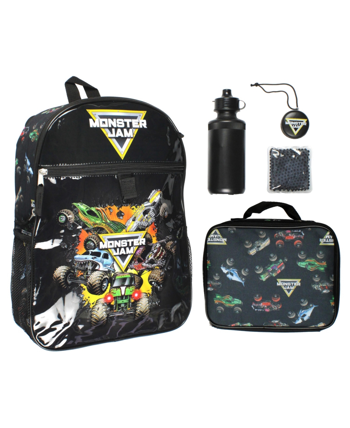 Megalodon Grave Digger Max-d Monster Trucks Backpack Lunch Bag Water Bottle Ice Pack 5 Piece Mega Set - Black