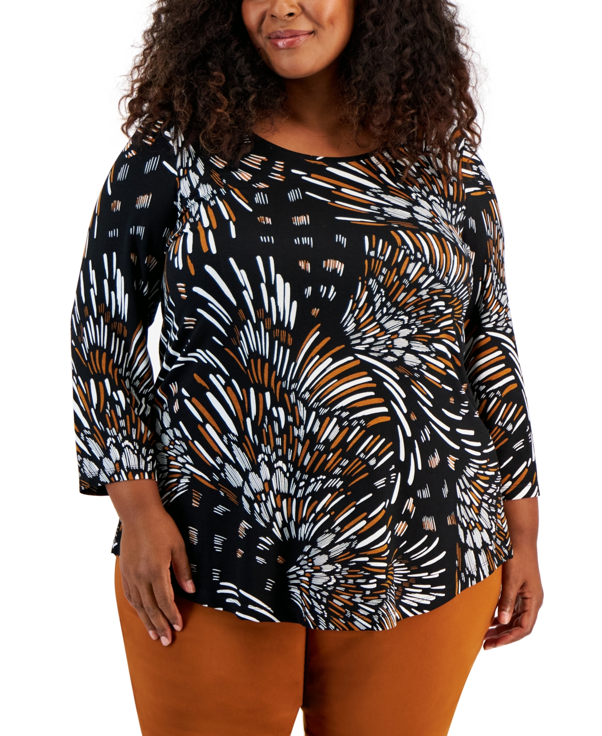 Jm Collection Plus Size Feathered Print 3/4 Sleeve Top, Created For Macy's In Deep Black Combo