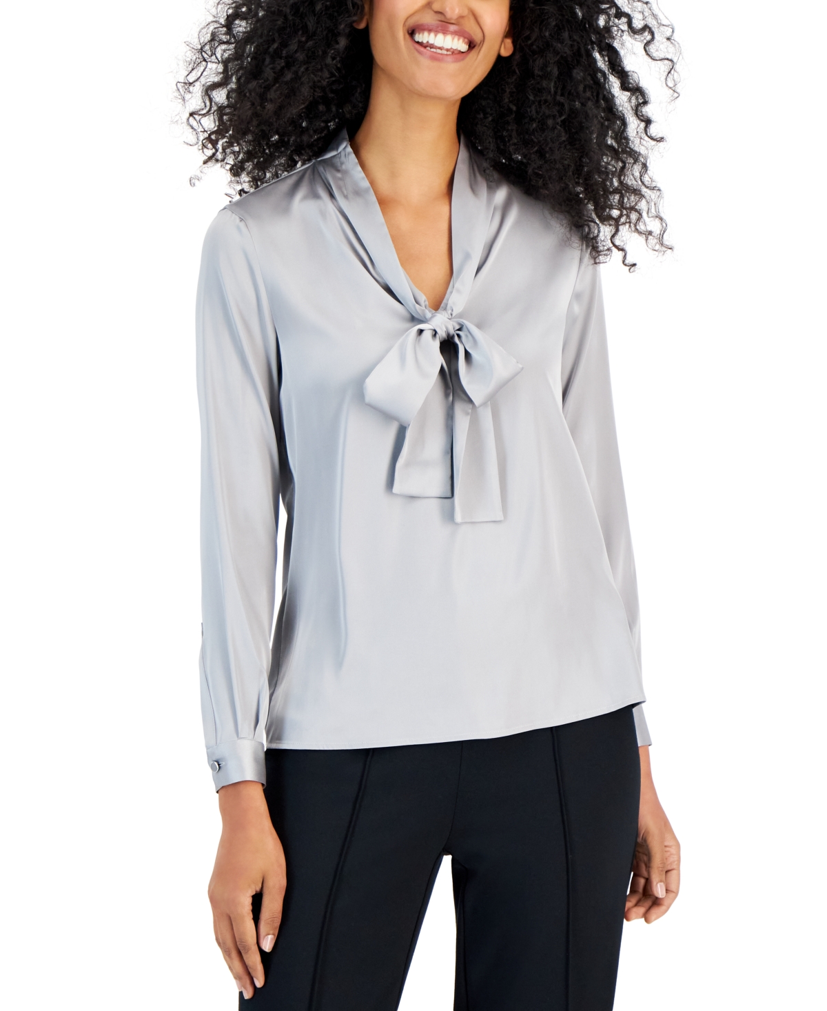 Anne Klein Women's Solid Tie-neck Long-sleeve Blouse In Atlantic Gray