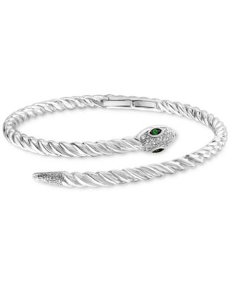 EFFY&reg; Diamond (1/4 ct. t.w.) & Tsavorite (1/20 ct. t.w.) Snake Bypass Bangle Bracelet in Sterling Silver