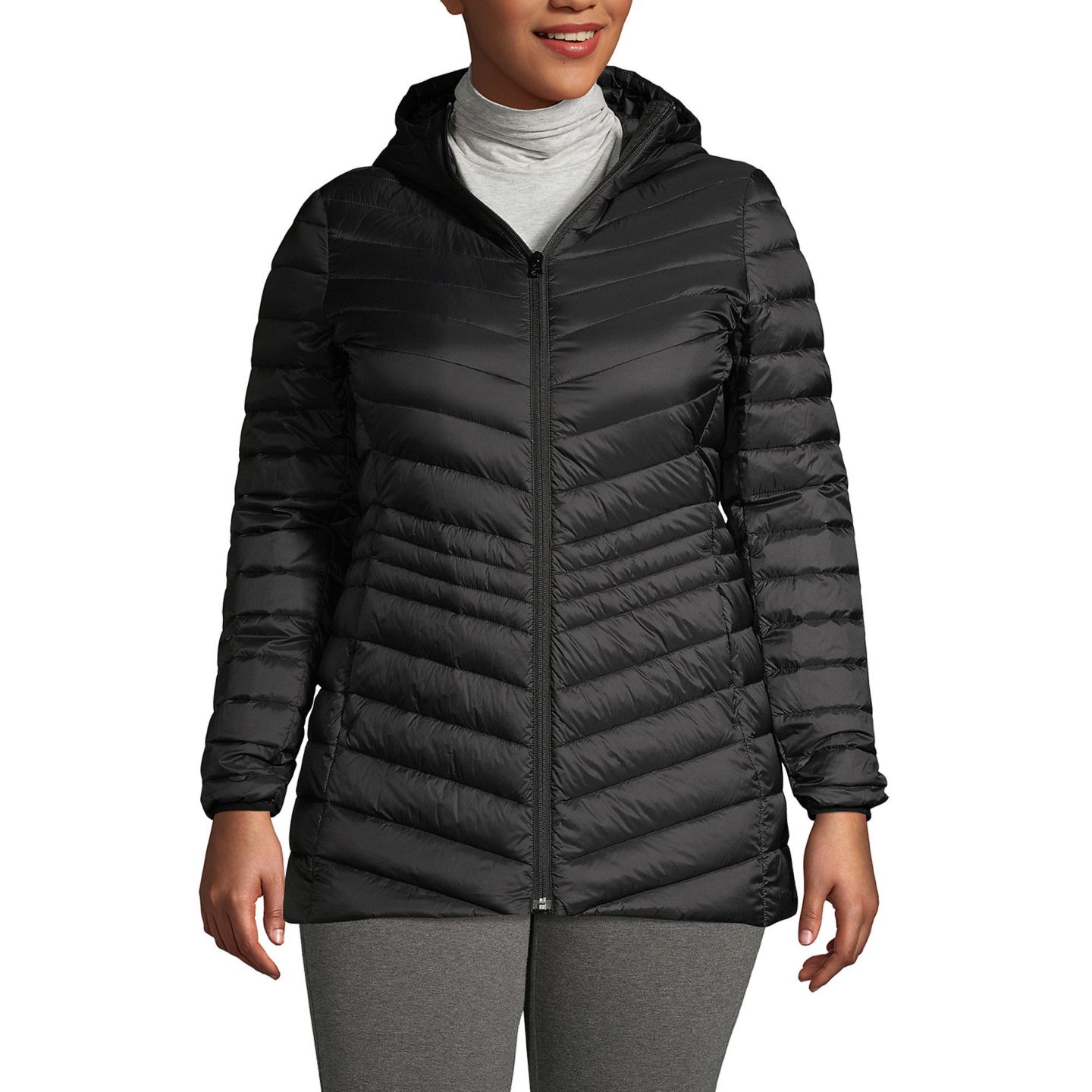 Женская куртка Lands' End Plus Size Wanderweight Packable Down Hooded Long, цвет: Чёрный — фото 1