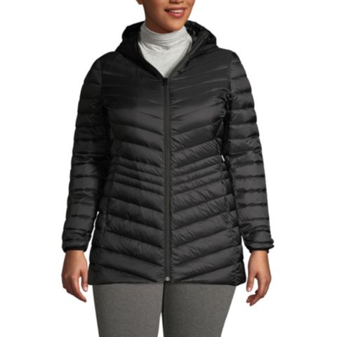 Женская куртка Lands' End Plus Size Wanderweight Packable Down Hooded Long, цвет: Чёрный
