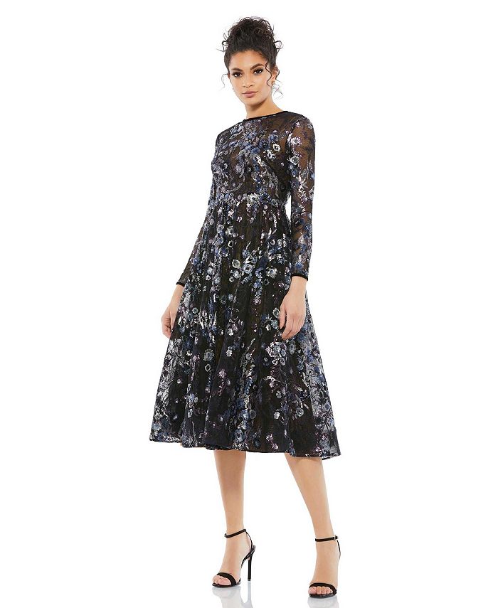 Mac Duggal Women's Embellished Illusion Long Sleeve Midi Dress - Macy's