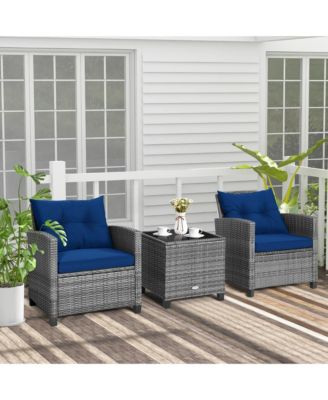 3PCS Patio Rattan Furniture Bistro Set Cushioned Sofas Side Table Armrest