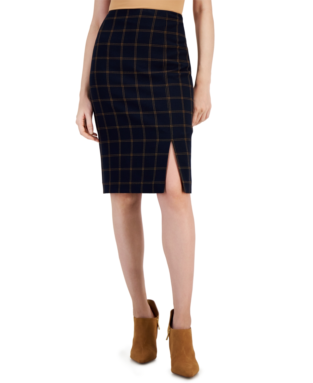Tahari Asl Women s Windowpane Pencil Skirt Midniight Saddle Smart Closet