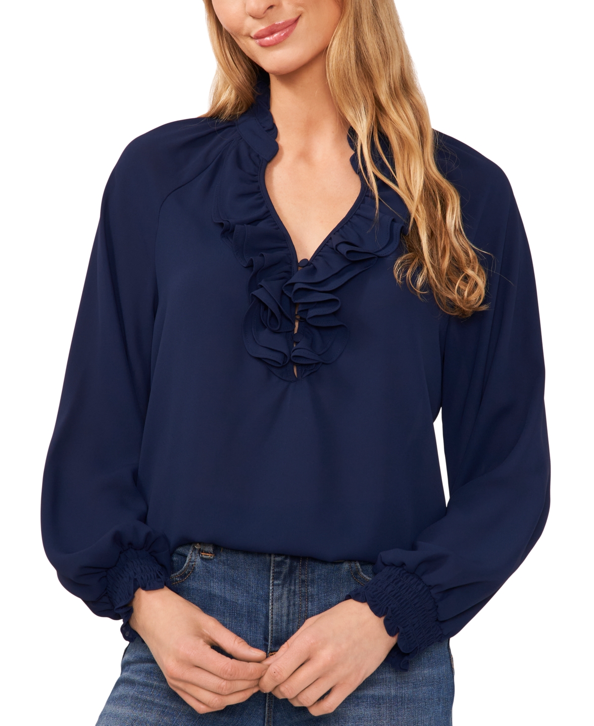 Women's Ruffled V-Neck Button-Front Long-Sleeve Top - Classic Navy