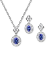 2-Pc. Set Sapphire (1 ct. t.w.) & Diamond (1/20 ct. t.w.) Halo Pendant Necklace & Matching Drop Earrings in Sterling Silver (Al