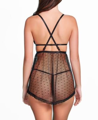 Women's 2 Piece Pleated Satin and Dot Mesh Babydoll Lingerie Set