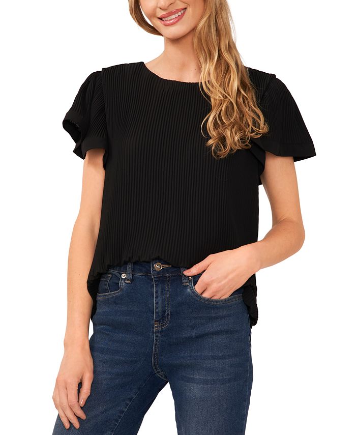 Cece Ruffle Collar Short Sleeve Blouse in Rich Black