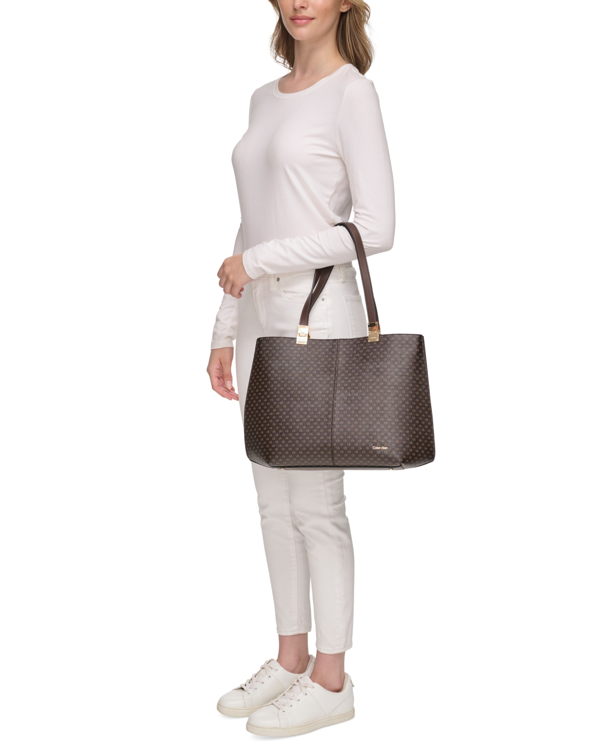 Shop Calvin Klein Granite Signature Triple Compartment Tote With Magnetic Snap In Taupe White