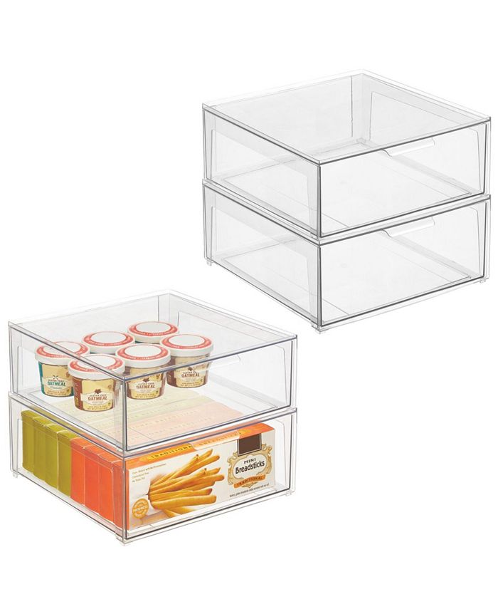 mDesign Plastic Stackable Kitchen Storage Organizer with Drawer - 2 Pack,  Clear