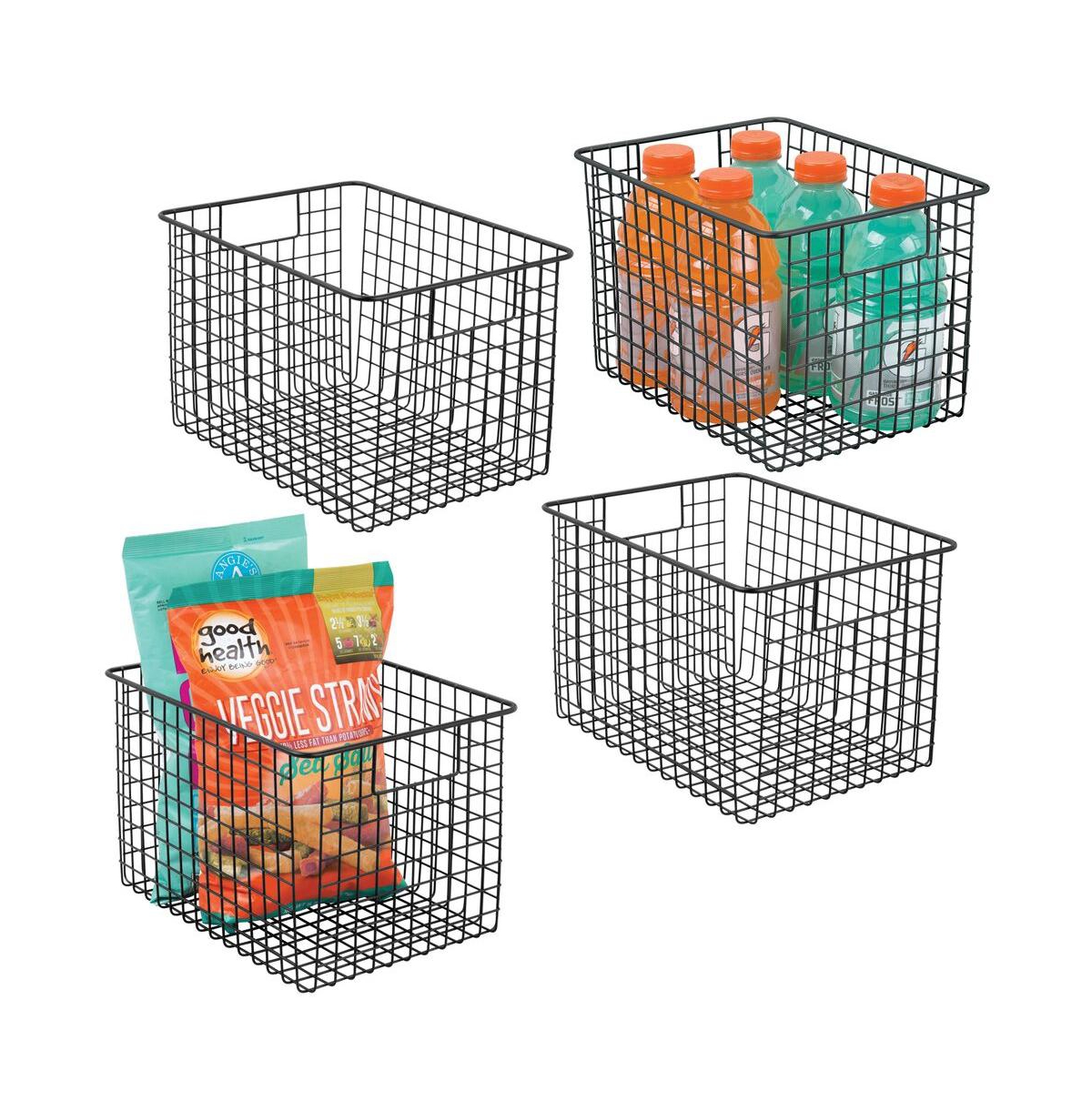 mDesign Metal Wire Food Organizer Basket with Built-In Handles, Medium, 4 Pack, Black