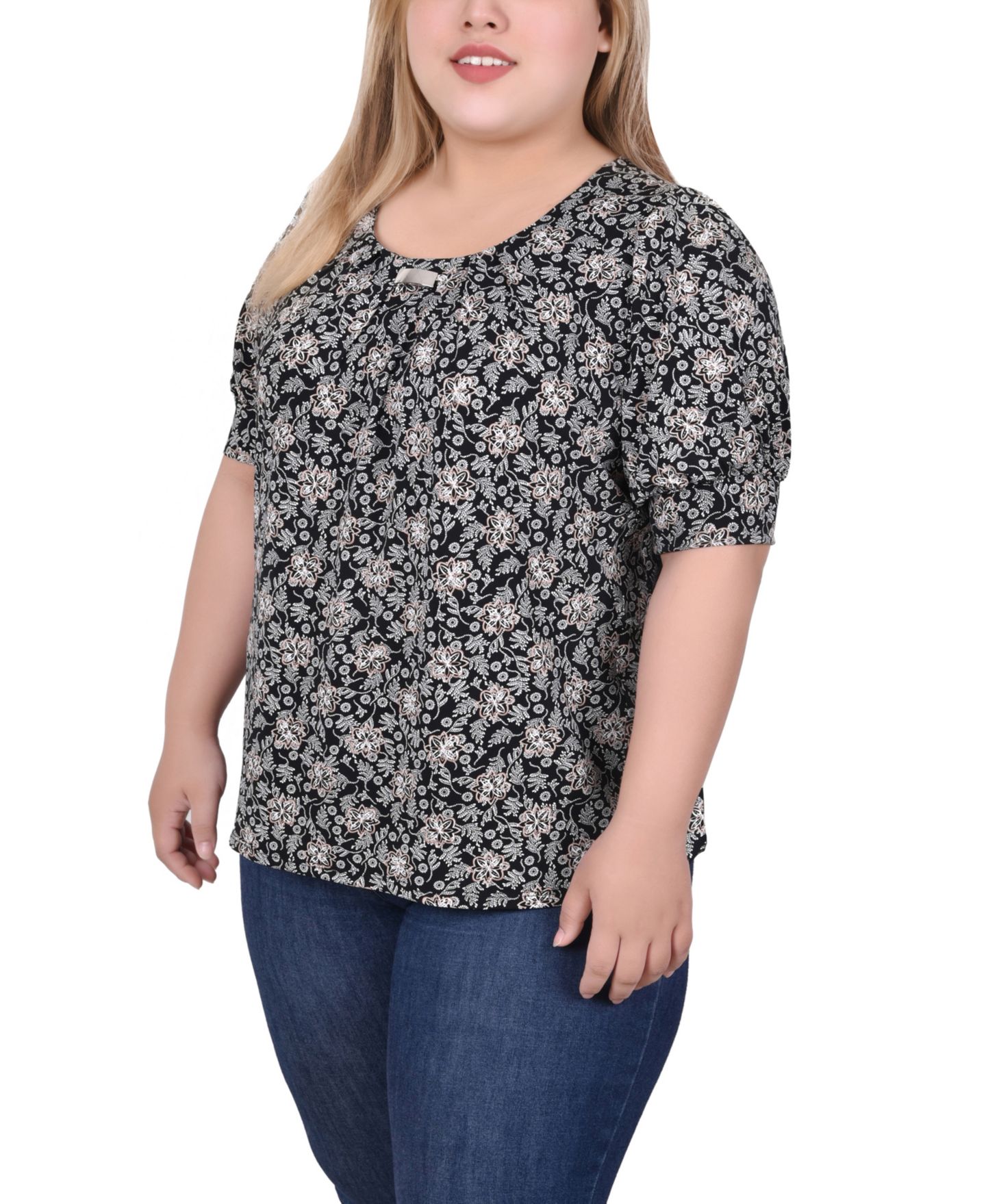 Женский топ NY Collection Plus Size Short Sleeve Balloon Sleeve, цвет: Чёрная слоновая кость серо-коричневый с принтом — фото 3
