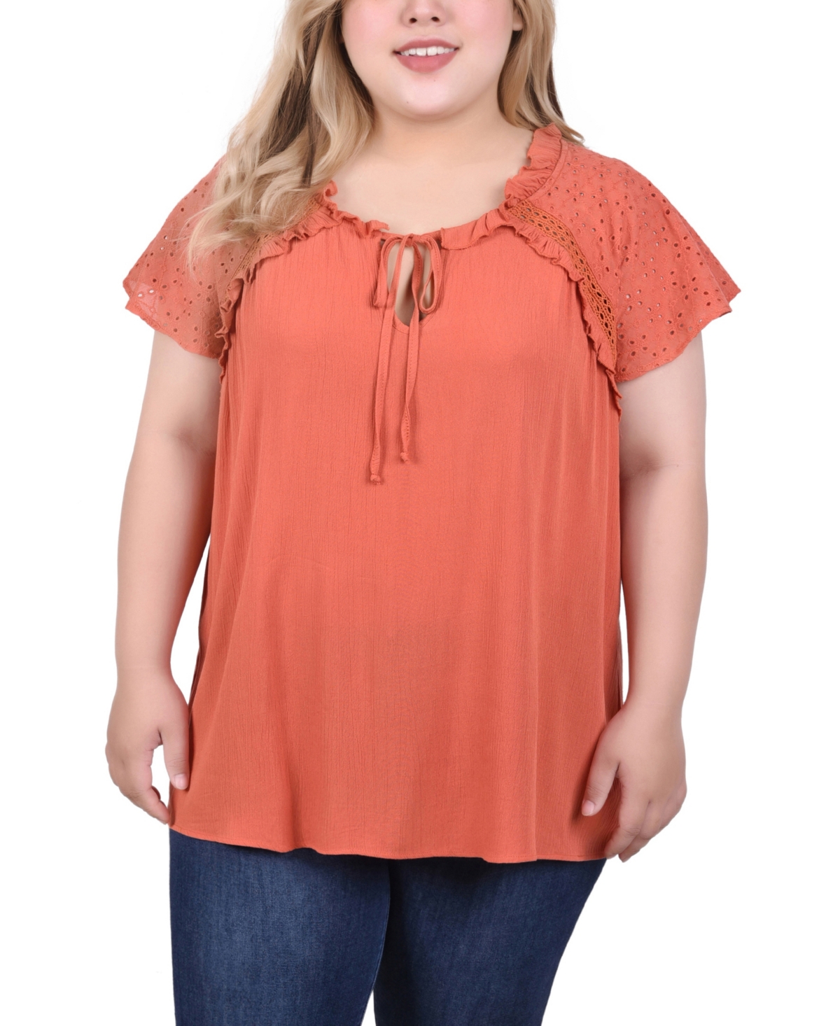 Ny Collection Plus Size Eyelet Sleeve Blouse In Orange Rust