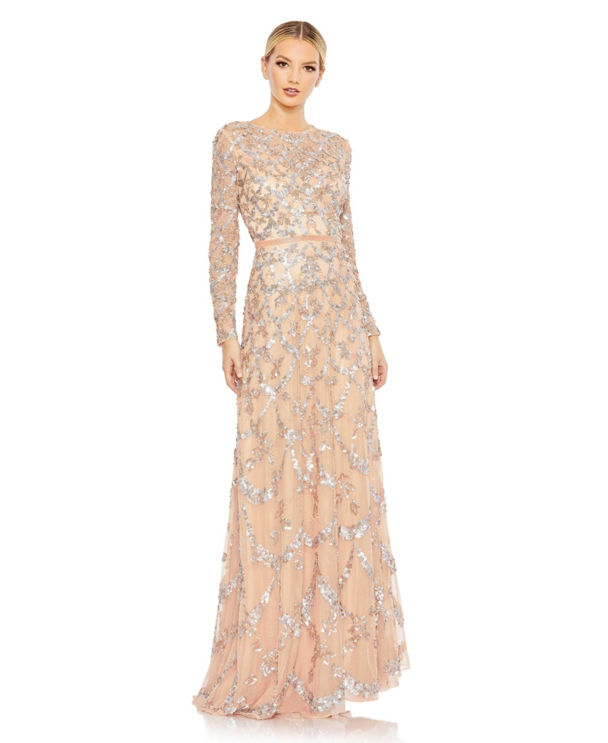 Women's Embellished Illusion High Neck Long Sleeve A Line Gown - Blush