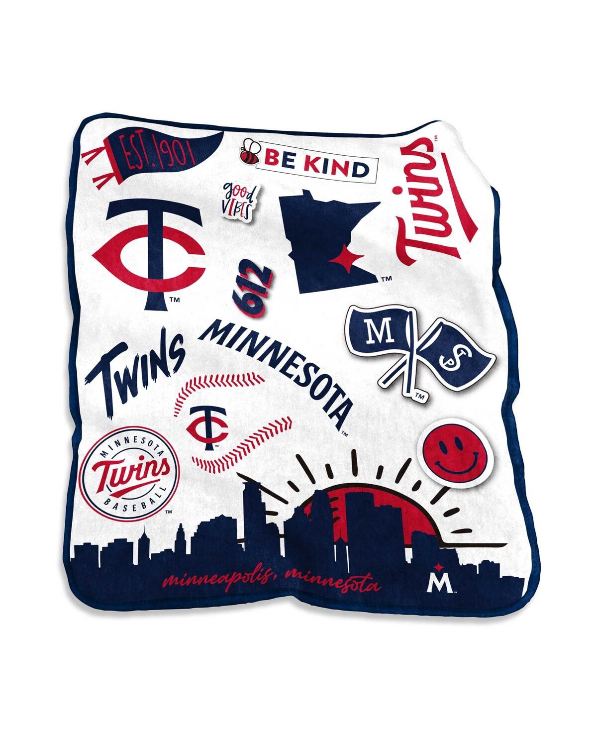Logo Brands Minnesota Twins 50'' X 60'' Native Raschel Plush Throw Blanket In White,navy