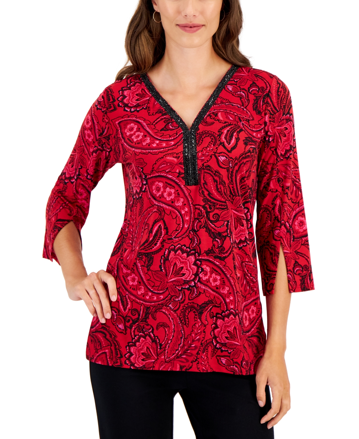 Jm Collection Women's Embellished Paisley-print 3/4-sleeve Top, Created For Macy's In Real Red Combo
