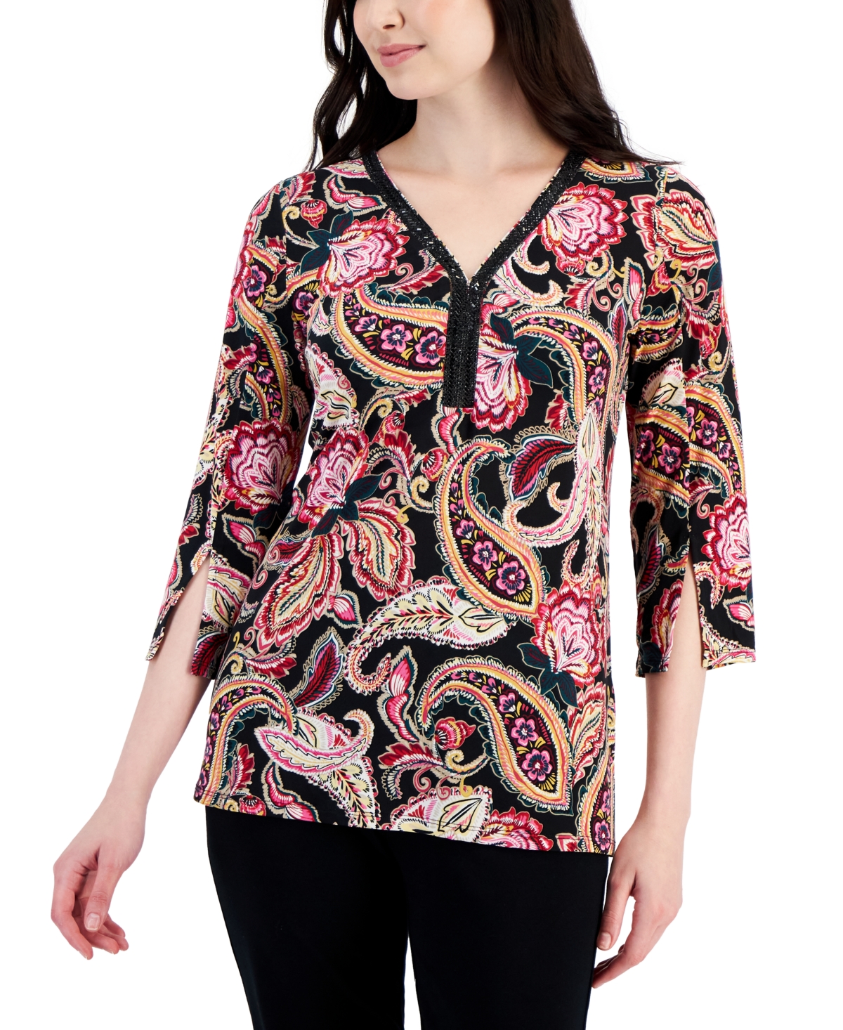 Jm Collection Women's Embellished Paisley-Print 3/4-Sleeve Top, Created for Macy's