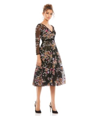 Women s Black Floral Embroidered Tea Length Dress