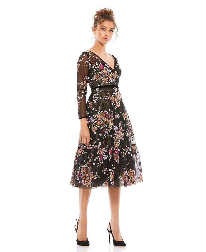 Mac Duggal Women's Black Floral Embroidered Tea Length Dress - Macy's