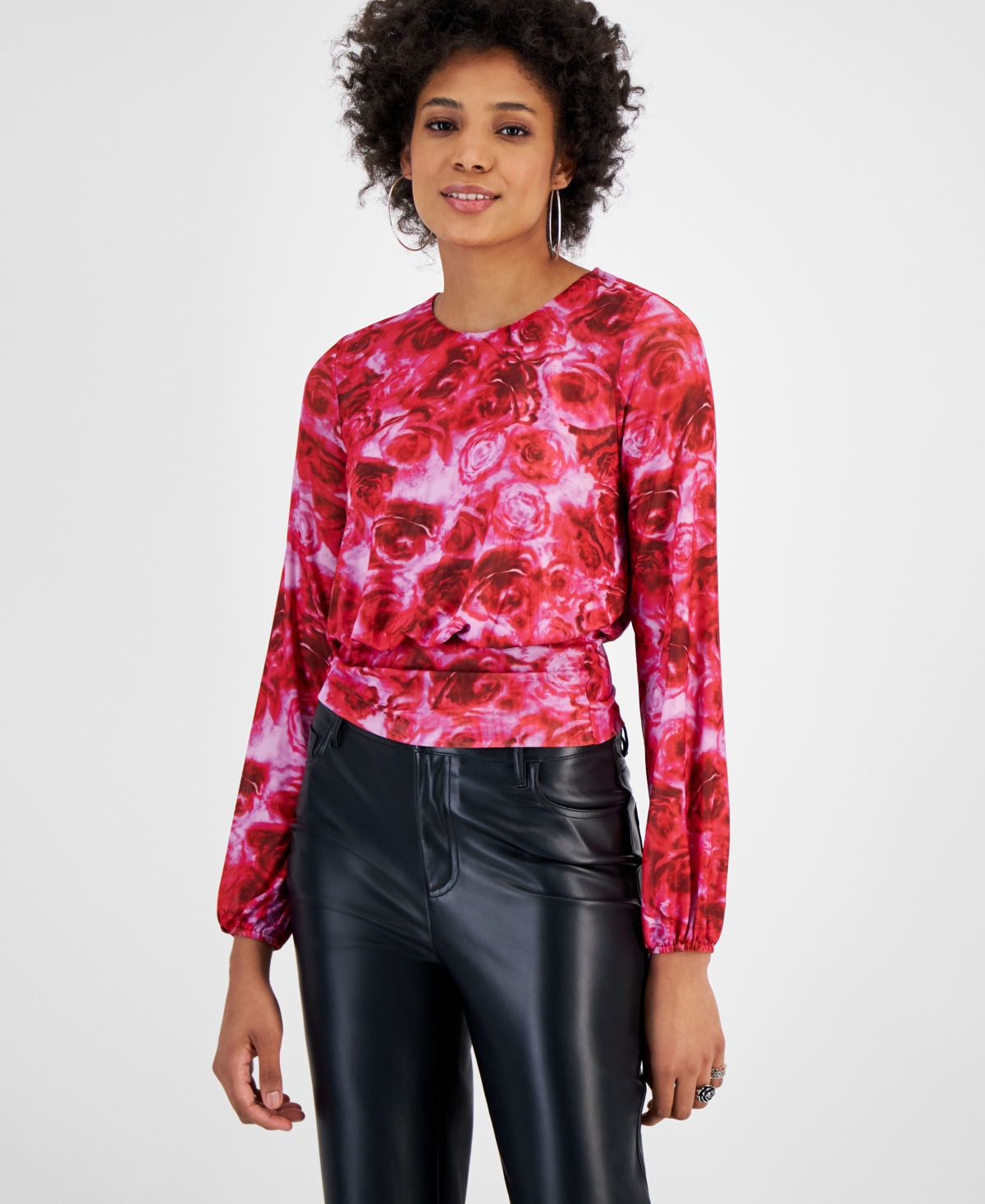 Bar Iii Women's Rose-print Blouson Top, Created For Macy's In Riley Rose A