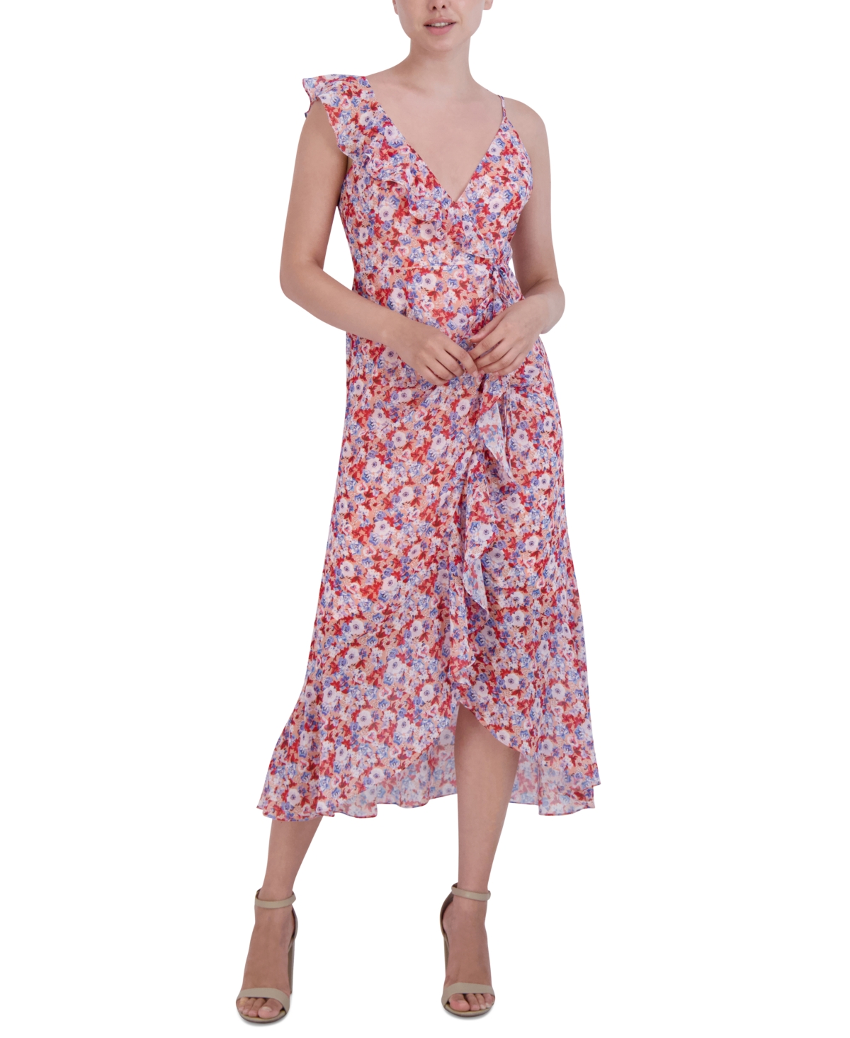 Women's Printed Hi-Low Ruffled Faux-Wrap Dress - Painterly Floral