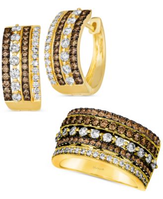 Chocolate Diamond Nude Diamond Multirow Statement Ring Small Hoop Earrings Collection In 14k Gold