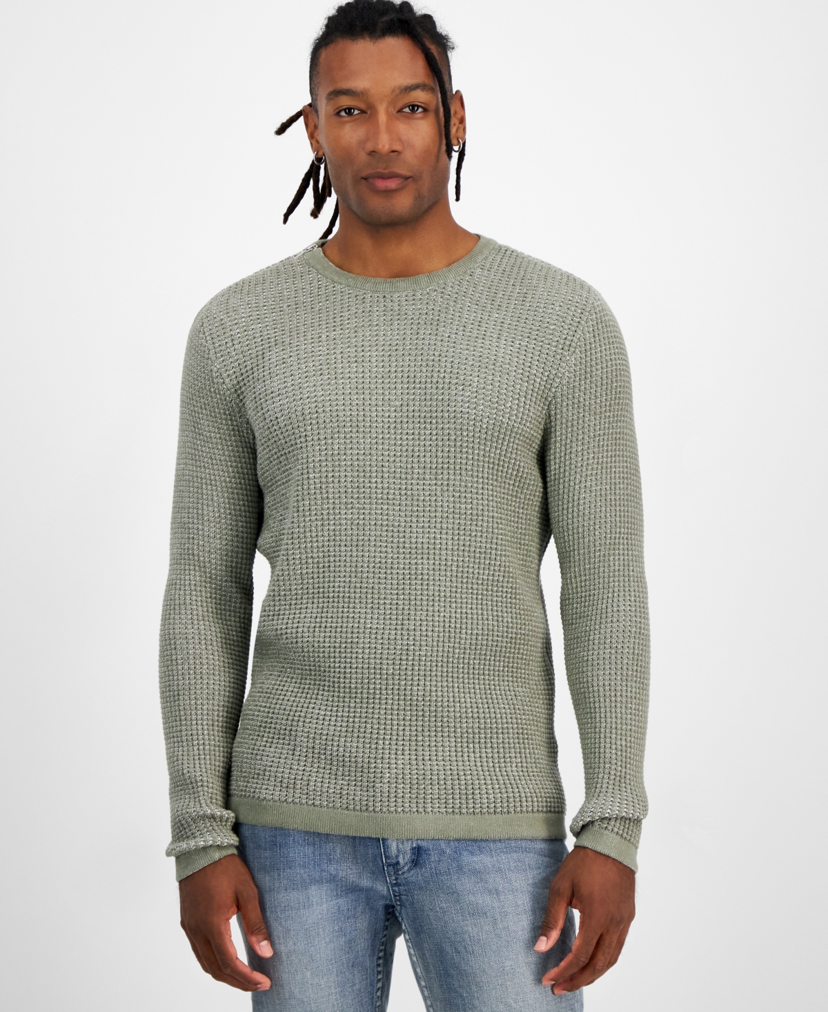 Inc International Concepts Men's Damien Zip-trim Crewneck Sweater, Created For Macy's In Green Tea Leaf