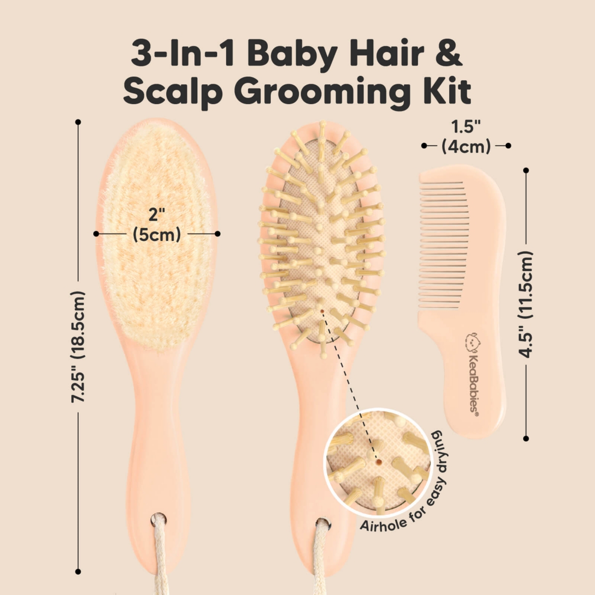 KeaBabies Baby Hair Brush and Comb Set, Oval Wooden Baby Brush Set for Newborns, Infant, Toddler Grooming Kit
