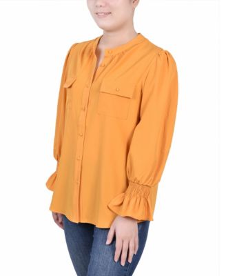 Petite Long Sleeve Y-neck Blouse