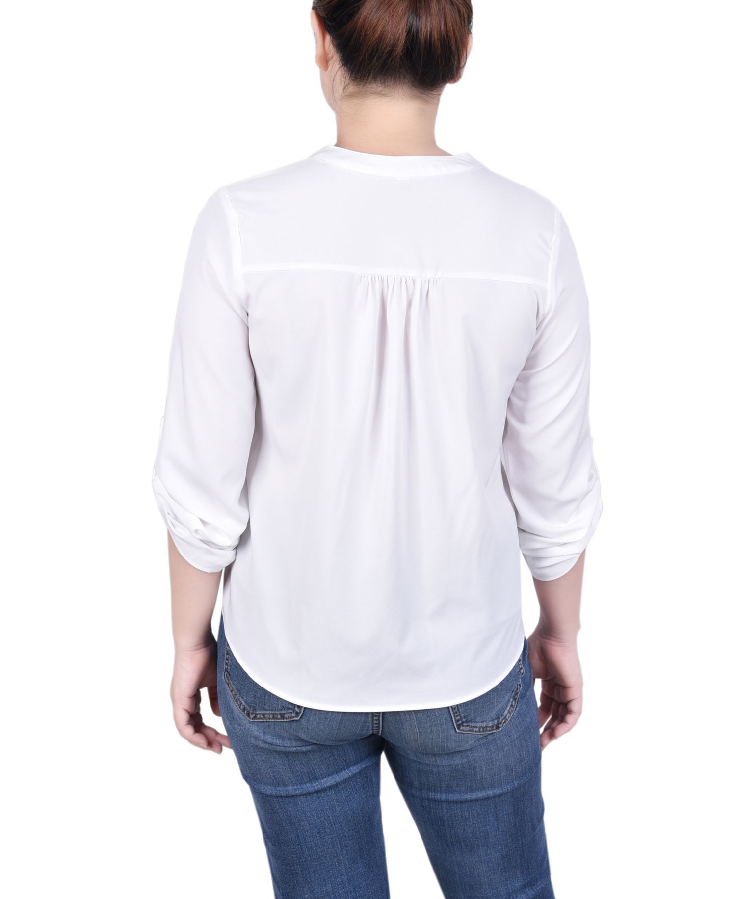 Petite Long Tab-Sleeve Blouse with Pockets
