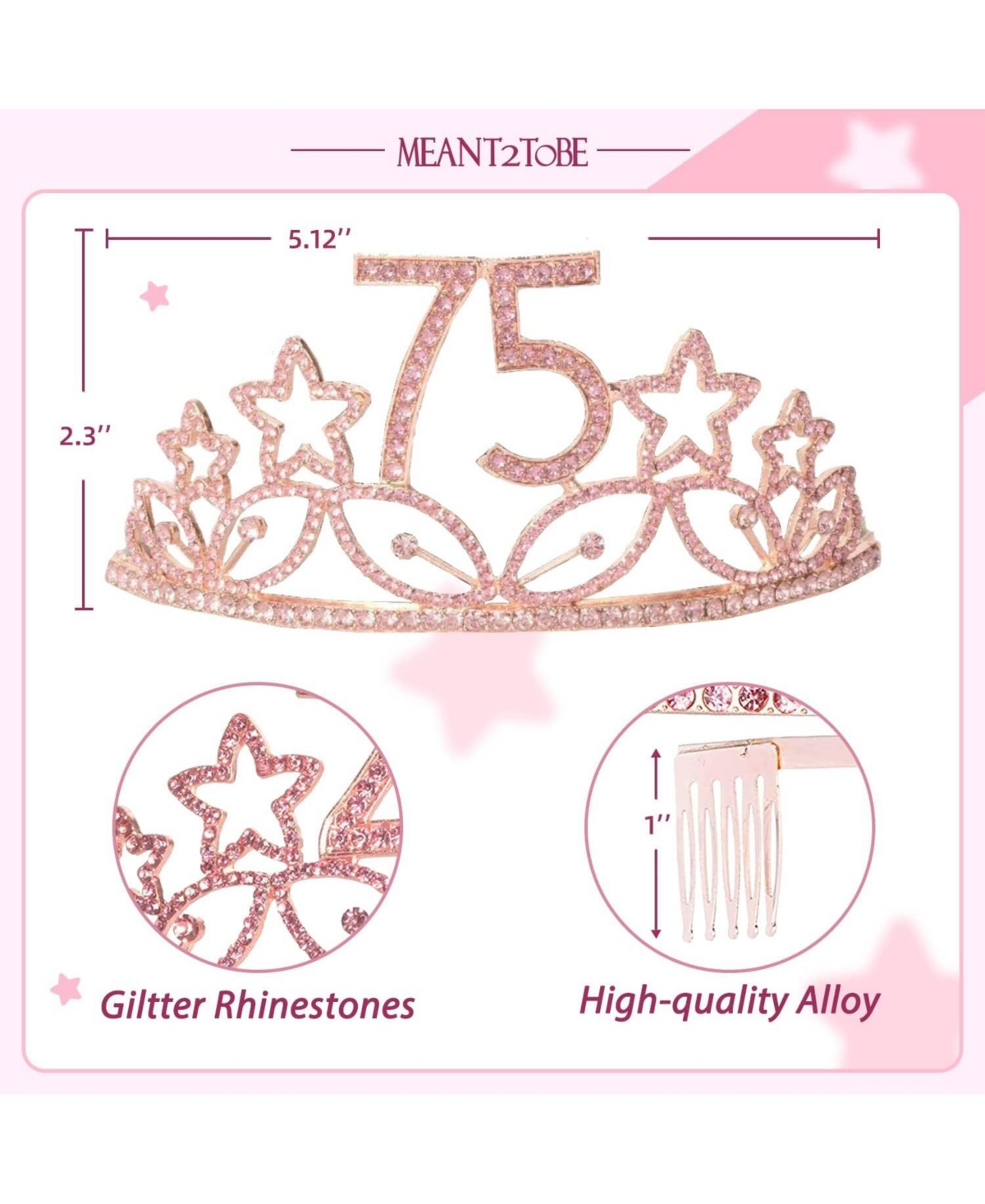 Meant2tobe 75th Birthday Sash and Tiara for Women - Fabulous Glitter Sash + Stars RhinestonePremium Metal Tiara for Her, 75th Birthday Gifts for