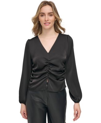 Calvin Klein Women's Ruched-Front Puff-Sleeve Blouse - Macy's