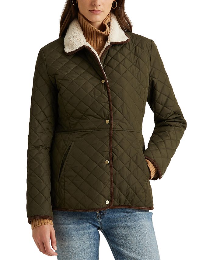 Lauren Ralph Lauren Women's Faux-Sherpa Collar Quilted Coat, Created for Macy's - Botanic Green - Size L