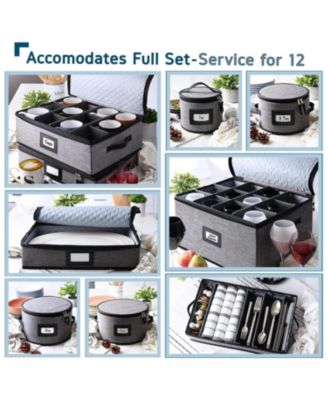 8 Piece Hard Shell Complete Dinnerware Storage set - Holds 12 Servings of Plates, cups, Platters, stemware and cutlery