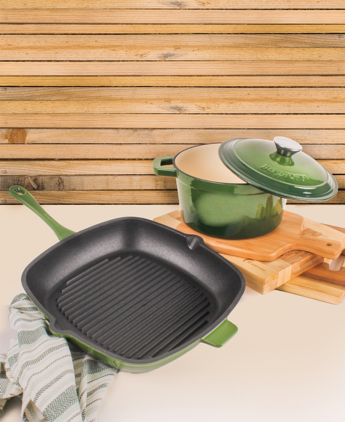 BergHOFF Neo 3pc Cast Iron Cookware Set, Grill Pan & Round Dutch Oven