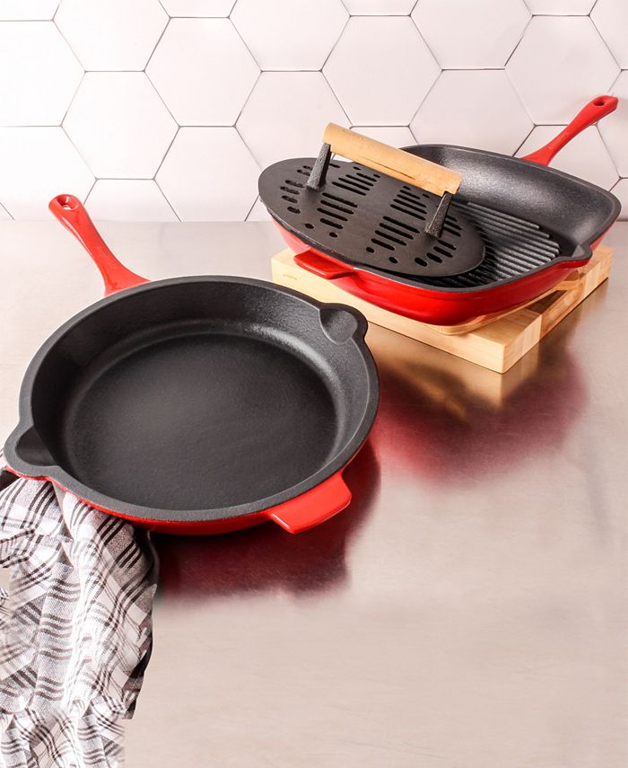 BergHOFF Neo Enameled Cast Iron 3 Piece 10" Fry Pan, 11" Grill Pan, and Slotted Steak Press Set