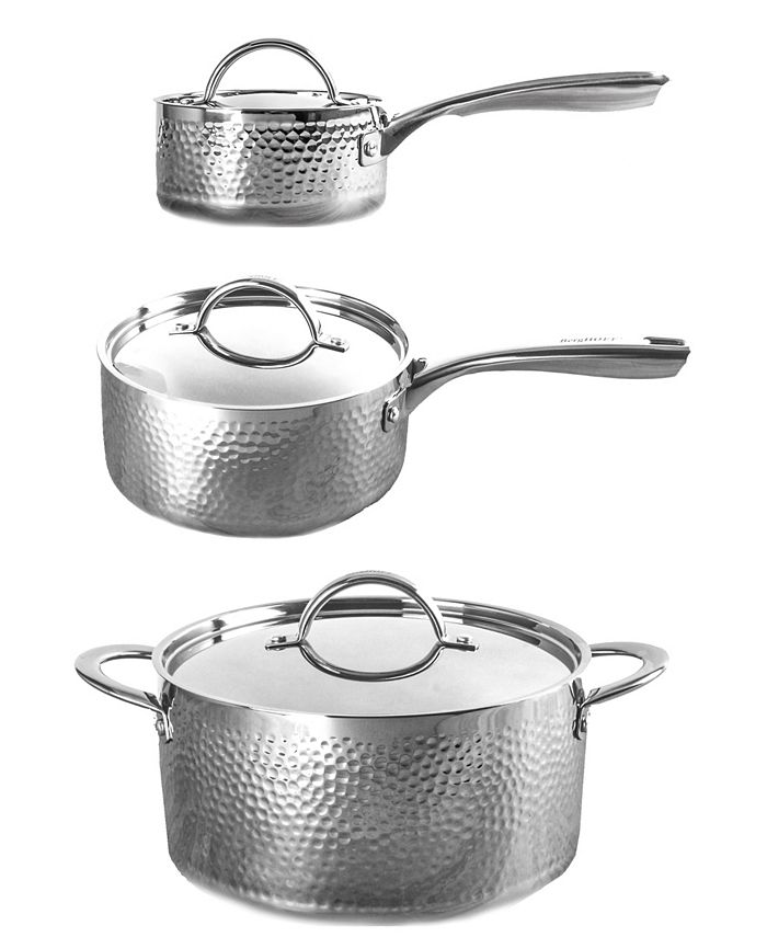 and Pans Set, Tri-Ply Stainless Steel Hammered Kitchen Cookware