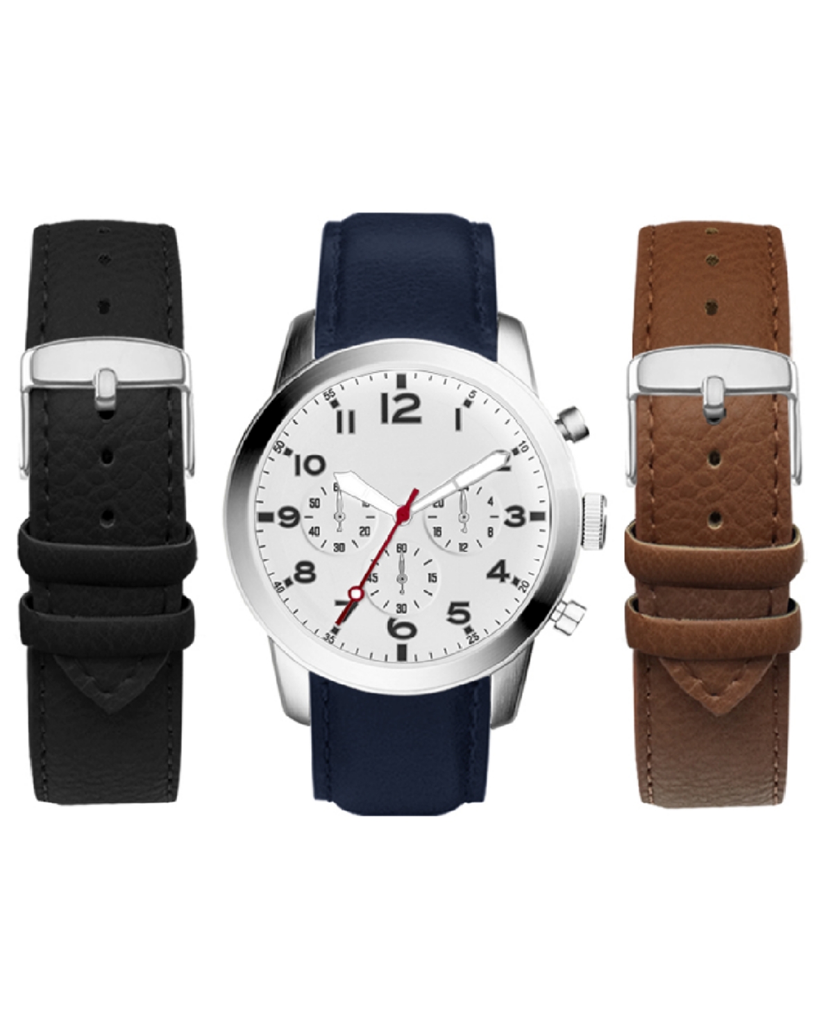Men's Navy Leather Strap Watch 44mm Gift Set - Multicolor