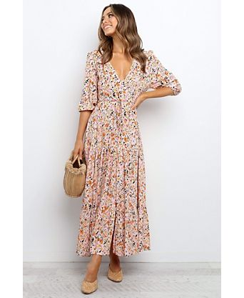 long sleeve sun dresses OKBOP Summer Maxi Dress-Surplice Fashion Casual Solid Round-Neck High Waist Mid Calf Dress Sundress Summer comes with a belt that drapes the dress on your body. Long Sleeve Summer Dresses -