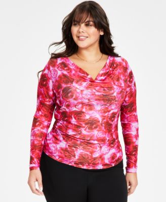 Bar III - Plus Size Printed Long-Sleeve Mesh Top