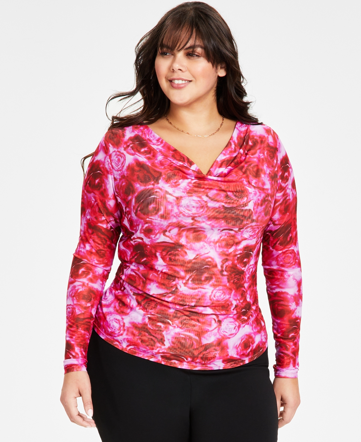Bar Iii Plus Size Printed Long-sleeve Mesh Top, Created For Macy's In Riley Rose