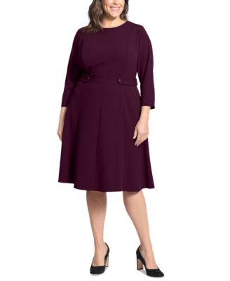 London Times - Plus Size 3/4-Sleeve Tab-Waist Fit & Flare Dress
