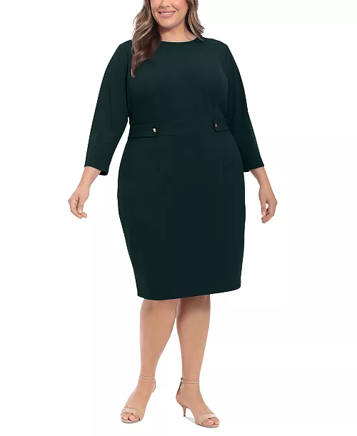plus size 3/4-sleeve tab-waist sheath dress