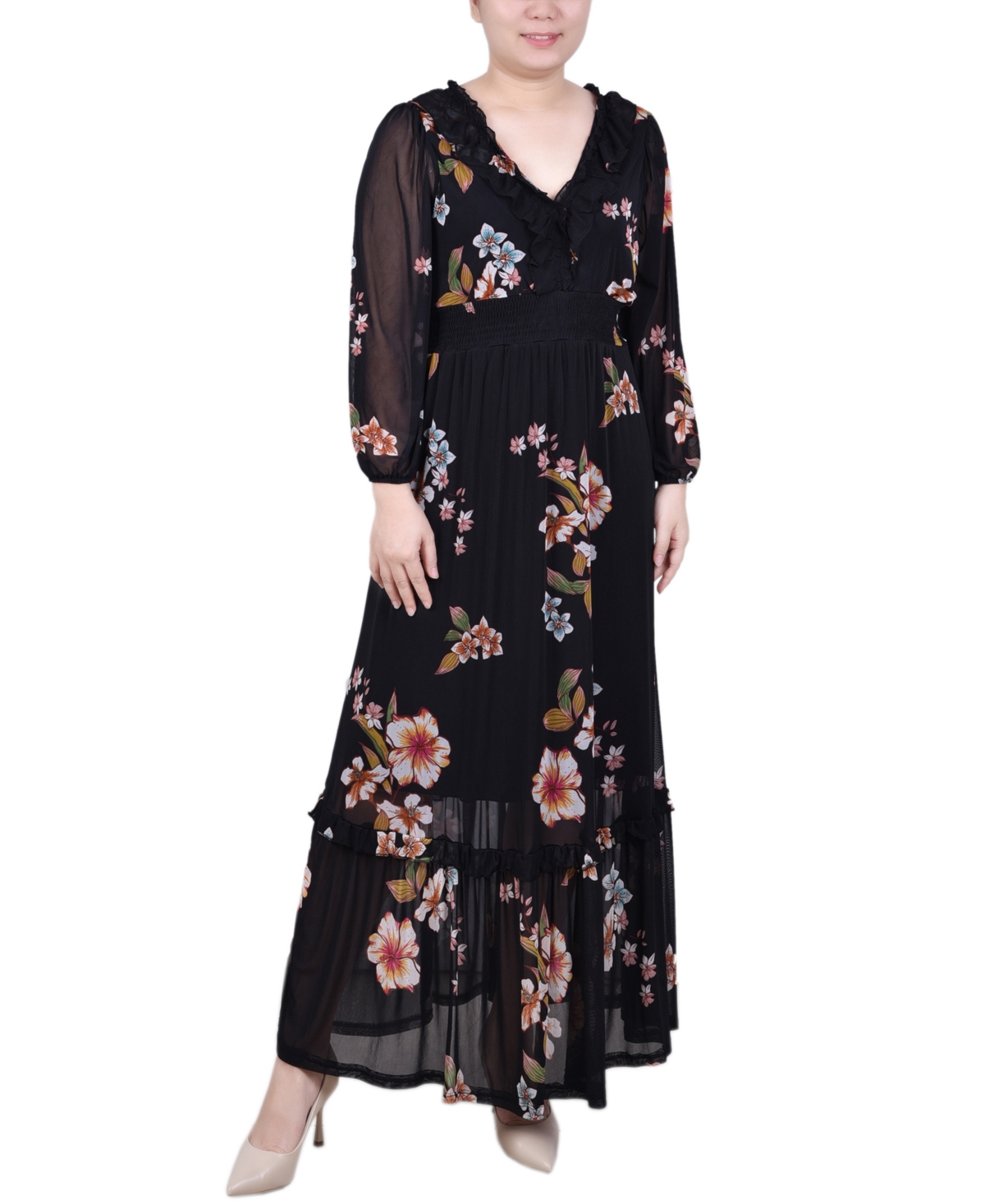 Modest, Mature, Mrs. Vintage Dresses – 20s, 30s, 40s, 50s, 60s Ny Collection Womens Long Sleeve Mesh Maxi Dress - Black Floral $60.00 AT vintagedancer.com