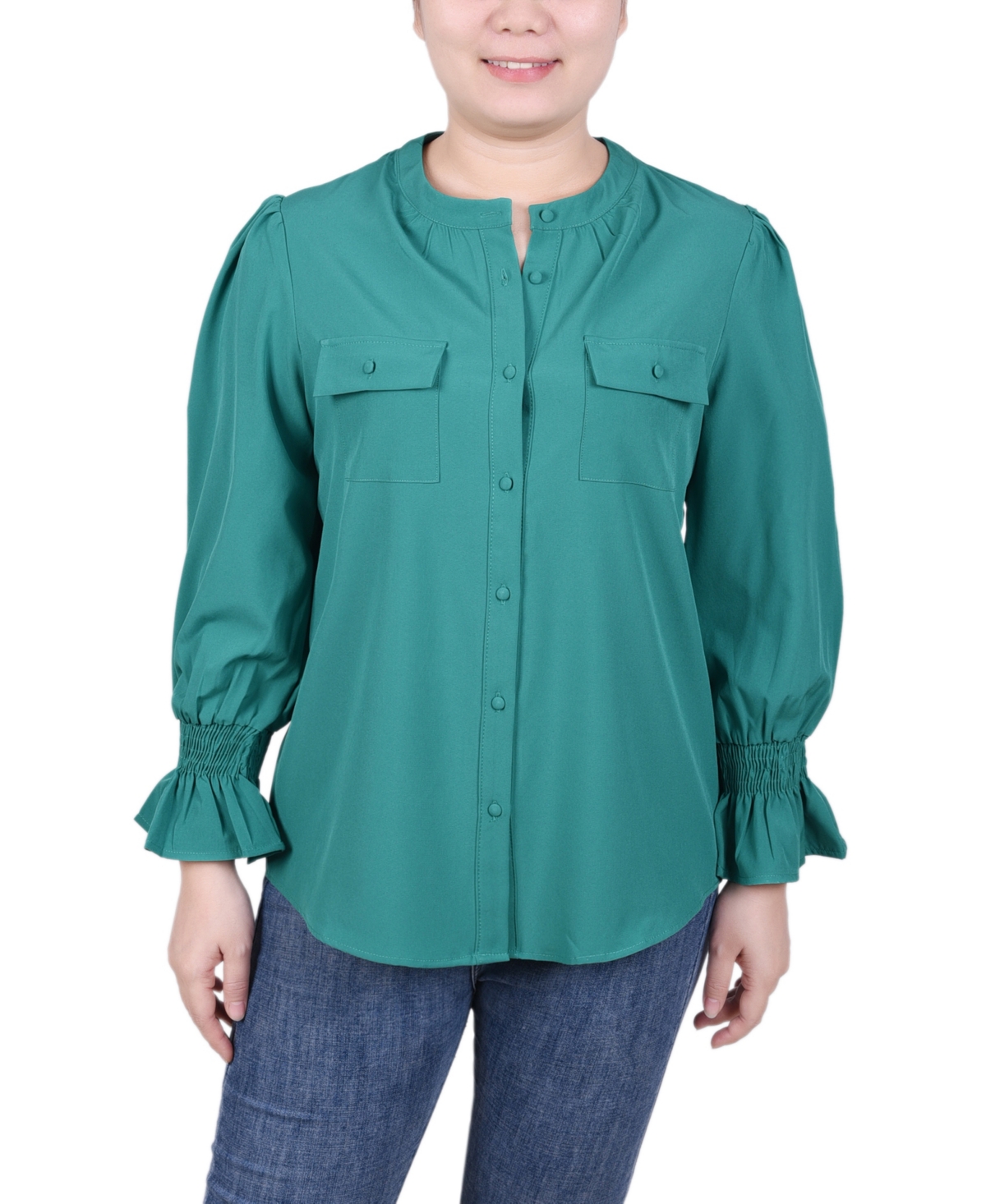 Ny Collection Women's Long Sleeve Y-neck Blouse In Shady Green