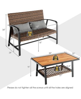 2 PCS Patio Rattan Loveseat Coffee Table Set Padded Back and Seat Pillow w/Shelf
